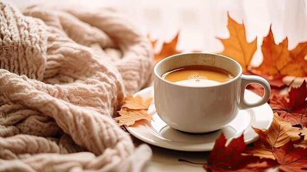 Uma xícara de café, um cobertor de malha e folhas de outono sobre um fundo branco e macio de madeira