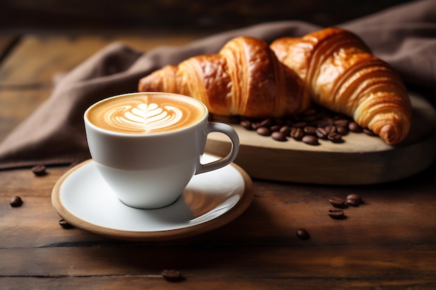 Uma xícara de cappuccino quente e um croissant