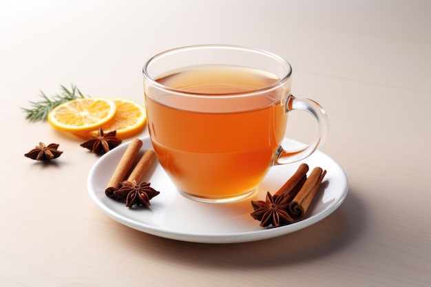 Uma xícara de chá com canela e erva-doce em um pires Imagem digital