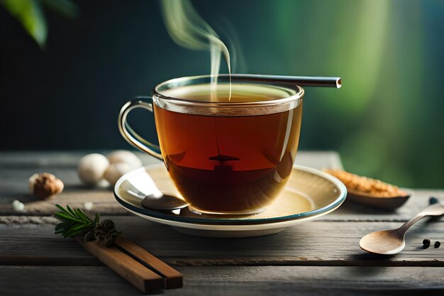 uma xícara de chá com especiarias e especiarias em uma mesa de madeira.