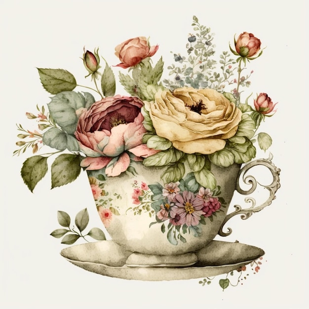 Uma xícara de chá com flores e folhas