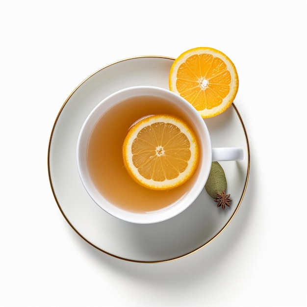 Uma xícara de chá com rodelas de laranja e uma xícara pequena de chá em um pires.