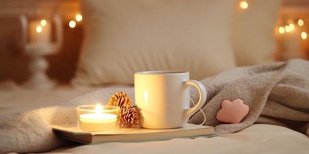 Uma xícara de chá com um livro e velas perfumadas acesas em uma mesa de mármore