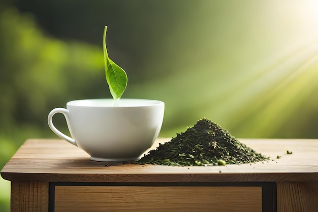 uma xícara de chá com um raminho de chá verde sobre uma mesa de madeira.