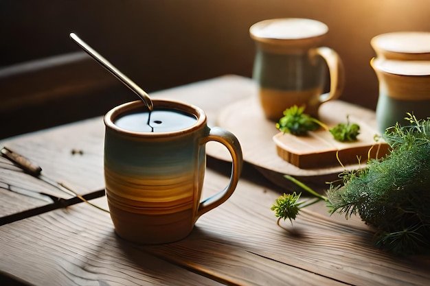uma xícara de chá com uma colher e uma chávena de chá na mesa.