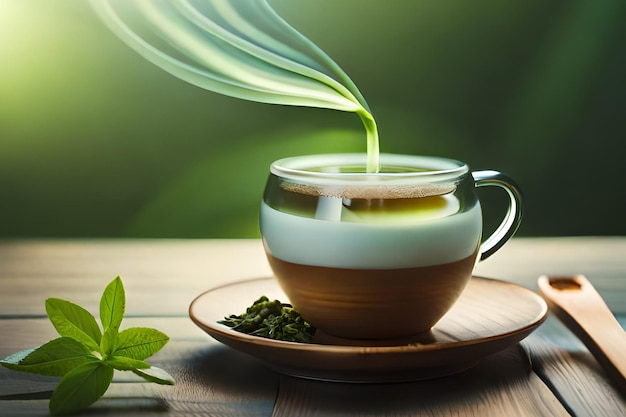 Uma xícara de chá com uma folha verde ao fundo