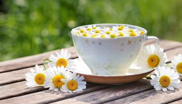 Uma xícara de chá de camomila sobre uma mesa de madeira com um buquê de margaridas na mesa