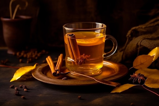Uma xícara de chá de canela com paus de canela em um prato