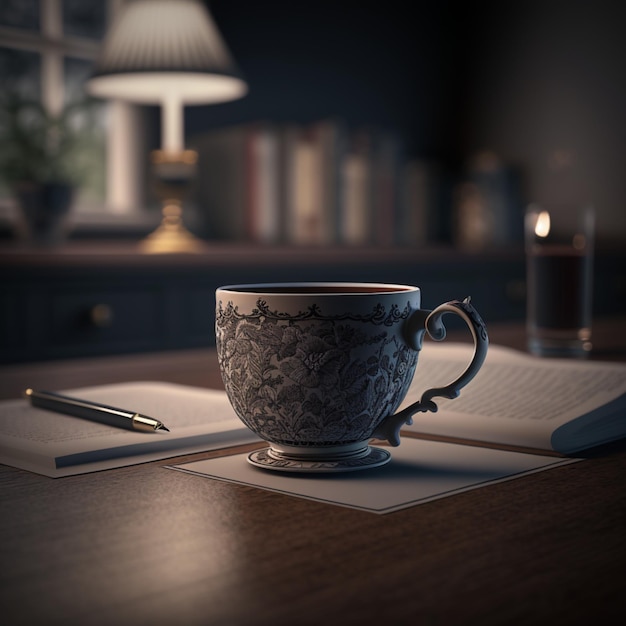 Uma xícara de chá está sobre uma mesa ao lado de um livro e uma caneta.