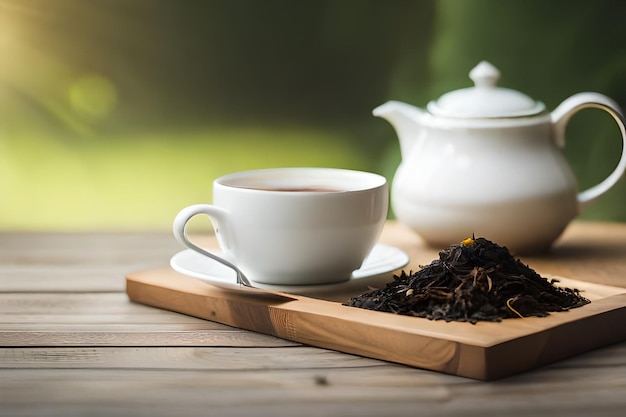Uma xícara de chá preto em xícara branca ao lado do chá branco potrealistic