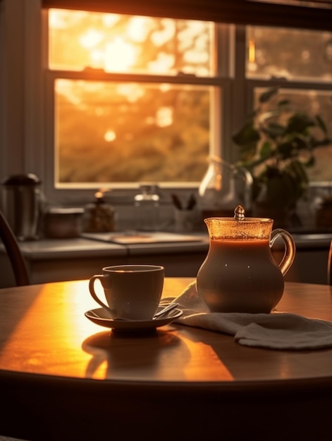 Uma xícara de chá sobre uma mesa em frente a uma janela com o pôr do sol ao fundo.