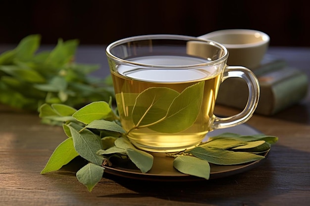 uma xícara de chá verde em uma mesa de madeira