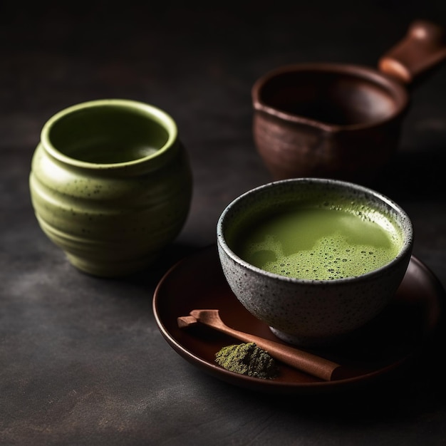 Uma xícara de chá verde está em um prato ao lado de uma xícara de chá verde.