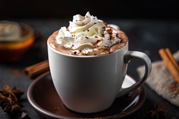 Uma xícara de chocolate quente coberto com chantilly e uma pitada de canela