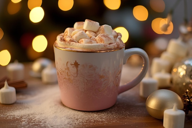Uma xícara de chocolate quente com marshmallows contra o pano de fundo de uma árvore de Natal iluminada e crepitação