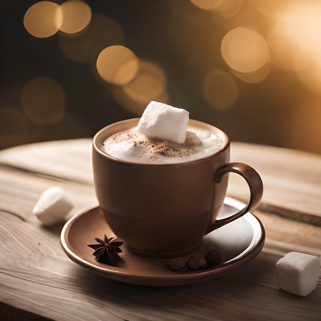 Uma xícara de chocolate quente com marshmallows e uma estrela no topo.