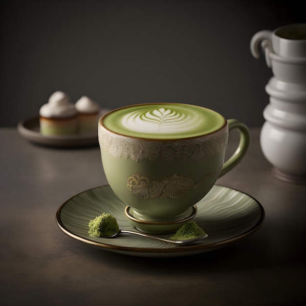 Uma xícara de latte art está em um prato ao lado de uma xícara de café.