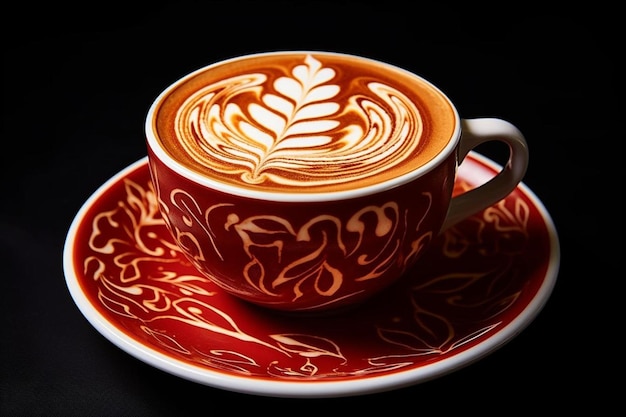uma xícara de latte art fica em um pires com um padrão de folhas.