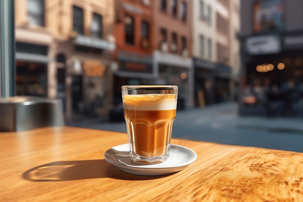 Uma xícara de macchiato de caramelo em uma cafeteria de madeira