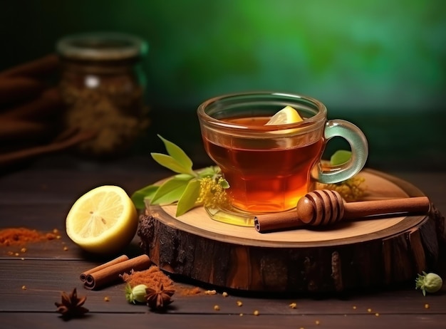 Uma xícara de mel quente e chá verde azedo com especiarias no fundo de madeira