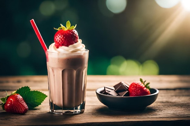 Uma xícara de milk-shake com um morango por cima e pedaços de chocolate ao lado.