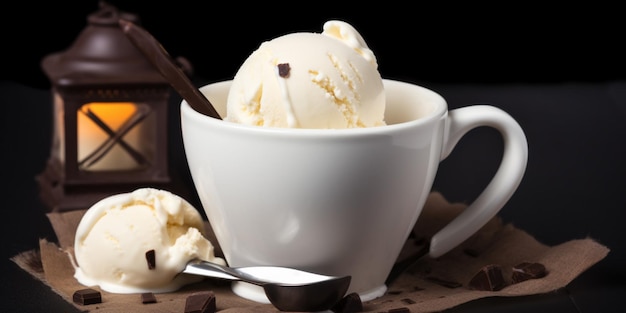 Uma xícara de sorvete de baunilha está sobre uma mesa ao lado de uma barra de chocolate.