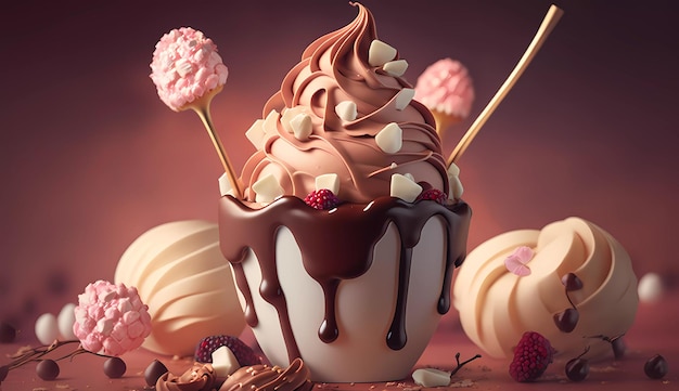 Uma xícara de sorvete de chocolate com cobertura de chocolate e algumas frutas por cima.