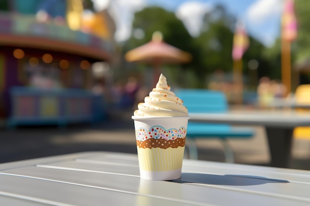 Uma xícara de sorvete softserve em uma mesa de parque