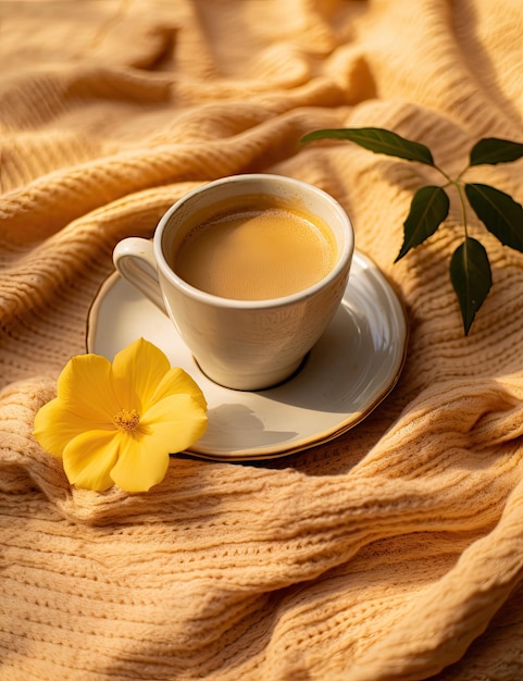 uma xícara e um prato em um cobertor amarelo com uma flor na foto da frente é tirada de cima