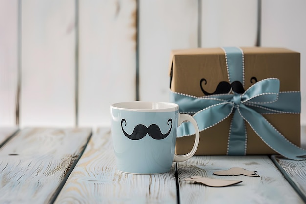 Uma xícara e uma caixa de presente com o tema do bigode da manhã