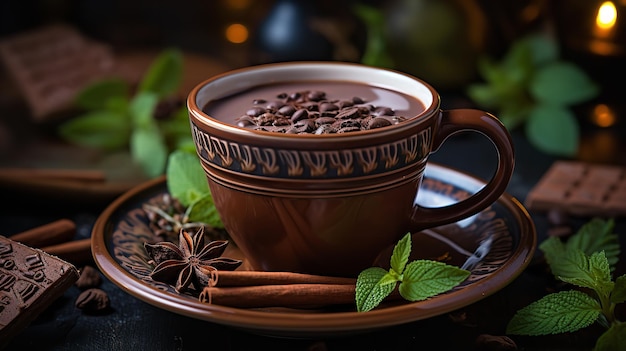 Uma xícara elegante de chocolate quente infundido com cacau e hortelã fica em uma mesa de madeira rústica.