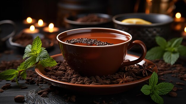 Uma xícara elegante de chocolate quente infundido com cacau e hortelã fica em uma mesa de madeira rústica.