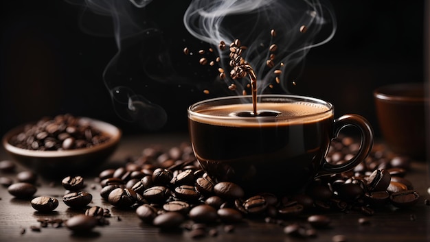Uma xícara fumegante de café acabado de fazer, seu líquido escuro girando em torno da semente de café