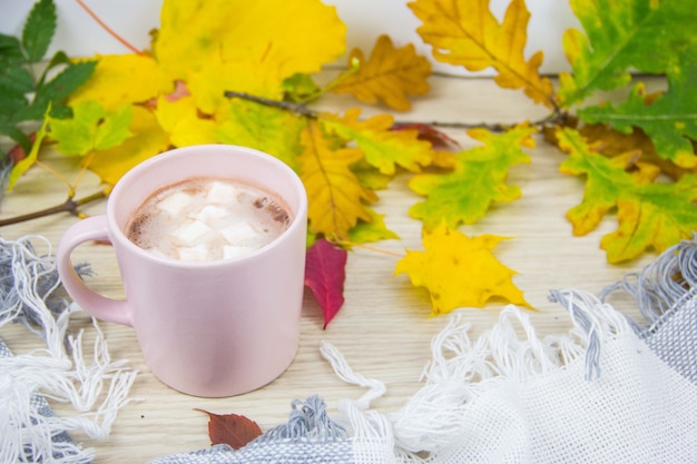 Uma xícara grande de chocolate quente com marshmallows e um cobertor quente no fundo de uma velha madeira