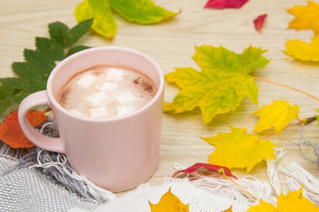 Uma xícara grande de chocolate quente com marshmallows e um cobertor quente no fundo de uma velha madeira