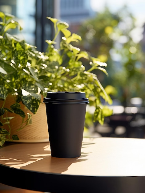 uma xícara preta com uma tampa preta senta-se em uma mesa ao lado de uma planta