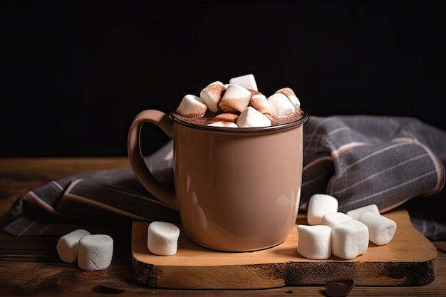 Uma xícara quente de chocolate quente com marshmallows pronta para ser saboreada em uma lareira aconchegante