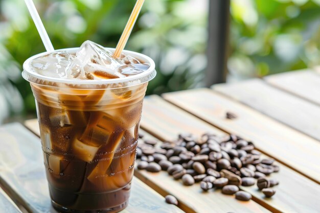 Uma xícara refrescante de café gelado colocada em uma mesa de madeira rústica