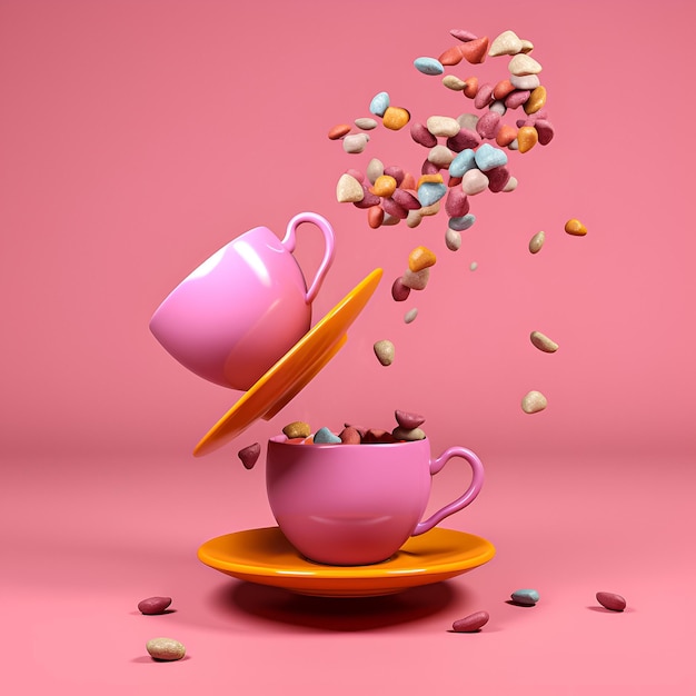 Uma xícara rosa e um pires com um monte de doces coloridos