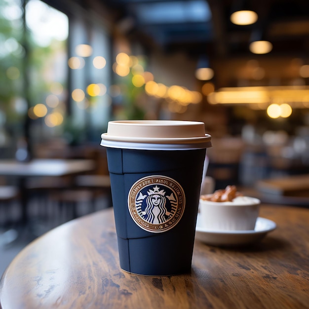 uma xícara Starbucks sobre uma mesa com uma xícara de café Starbucks sobre ela.