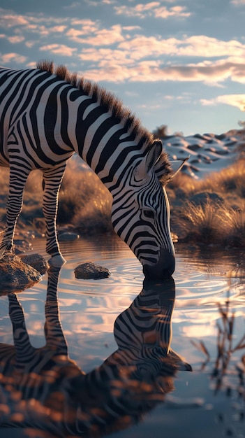 Foto uma zebra bebendo água de uma lagoa generativa ai