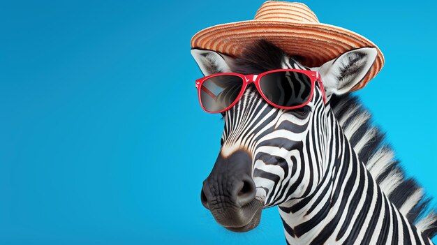 Foto uma zebra com óculos de sol vermelhos e um boné em fundo azul copy space ai generative