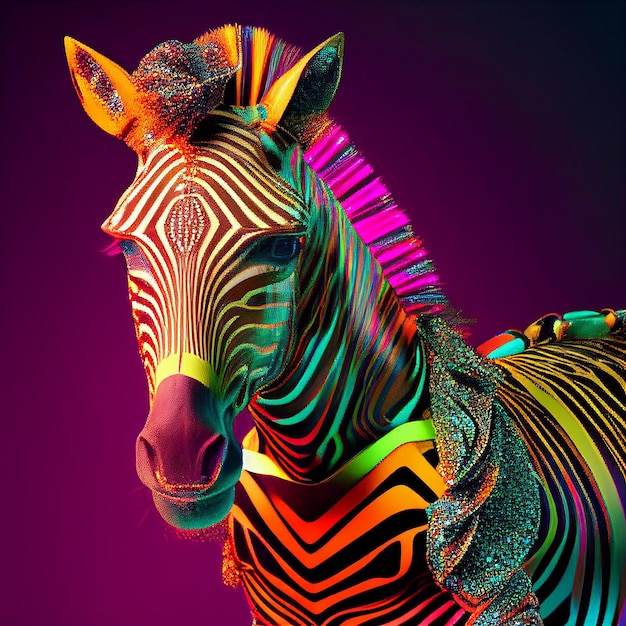 Uma zebra com um padrão colorido em seu rosto é pintada em cores neon.