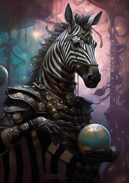 Uma zebra com uma juba listrada em preto e branco fica na frente de um fundo colorido.