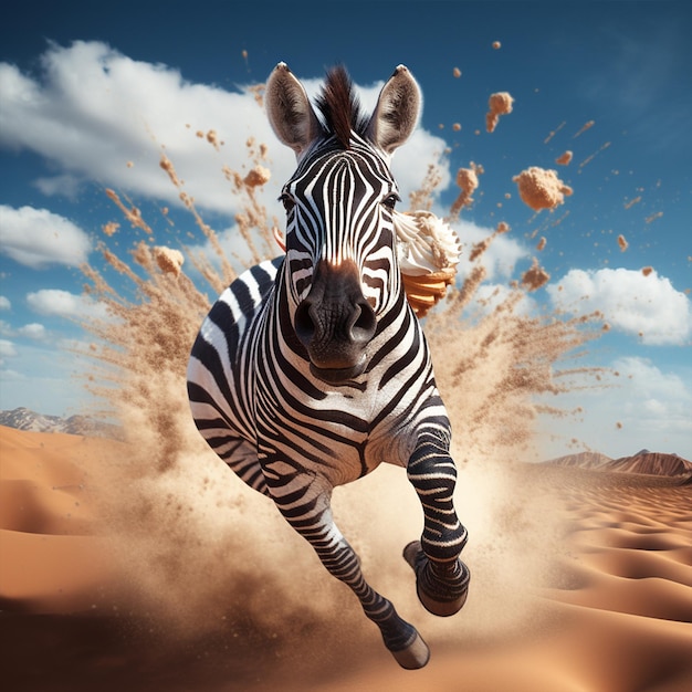 Uma zebra correndo na sobremesa
