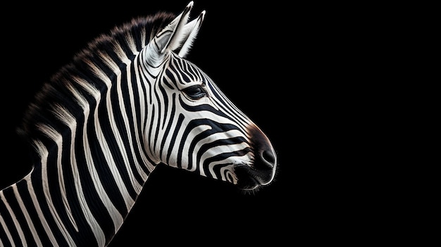 uma zebra é mostrada em uma foto com fundo preto.