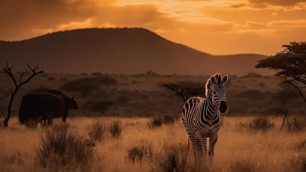 Uma zebra e uma leoa estão em um campo ao pôr do sol.