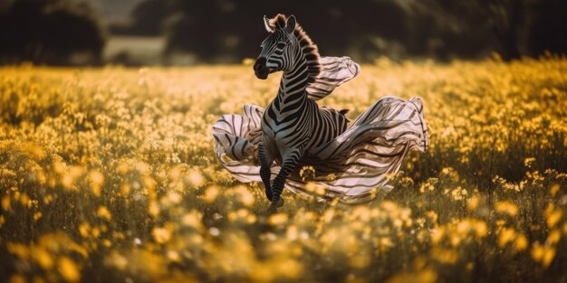 Uma zebra em pé em um campo de flores amarelas generativa imagem ai