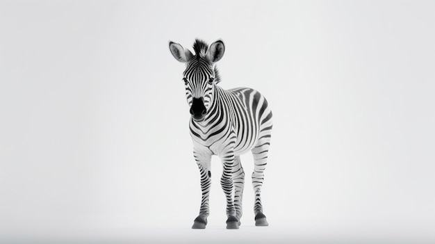 Uma zebra está de pé em um fundo branco.