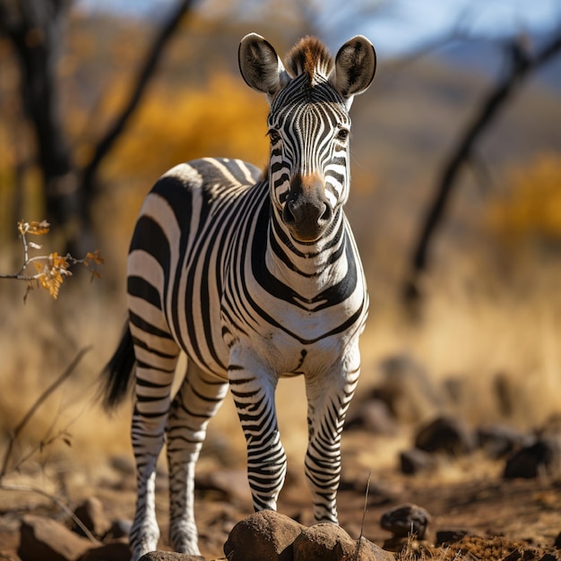 uma zebra está de pé na sujeira com uma árvore ao fundo